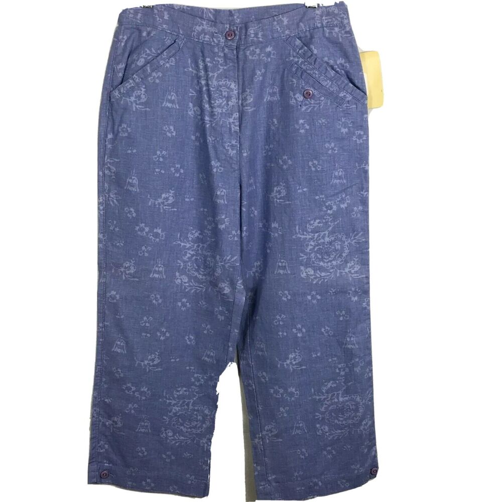 NWT Woolrich Pants Womens Sz 8 Periwinkle Blue Floral Linen Cotton Crop Capri